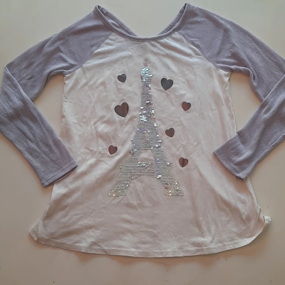 Justice white lavender sequin long sleeve Paris top size 12